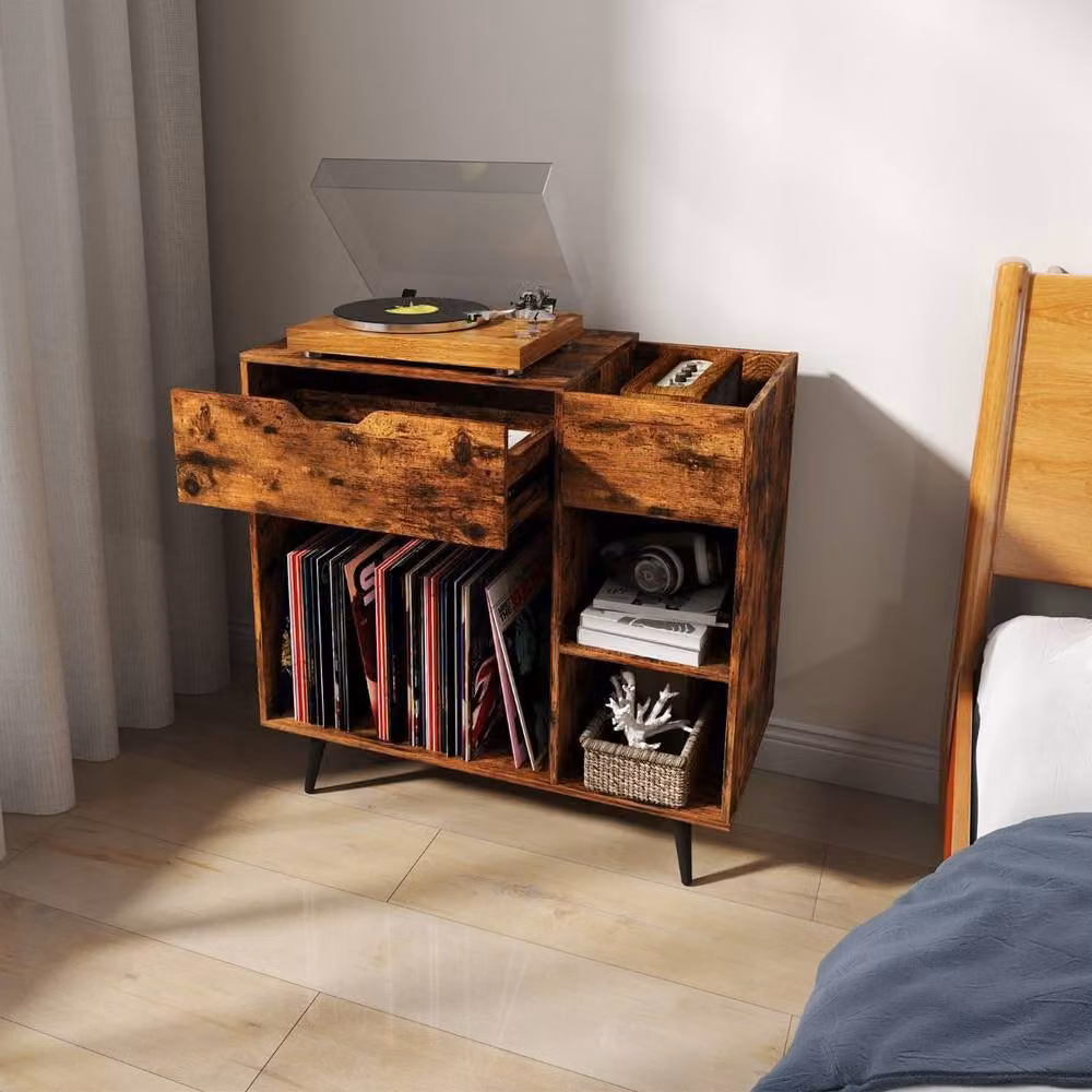 Costway Wooden Record Player Stand and Turntable End Table with Built-In Power Strip in Brown – 5