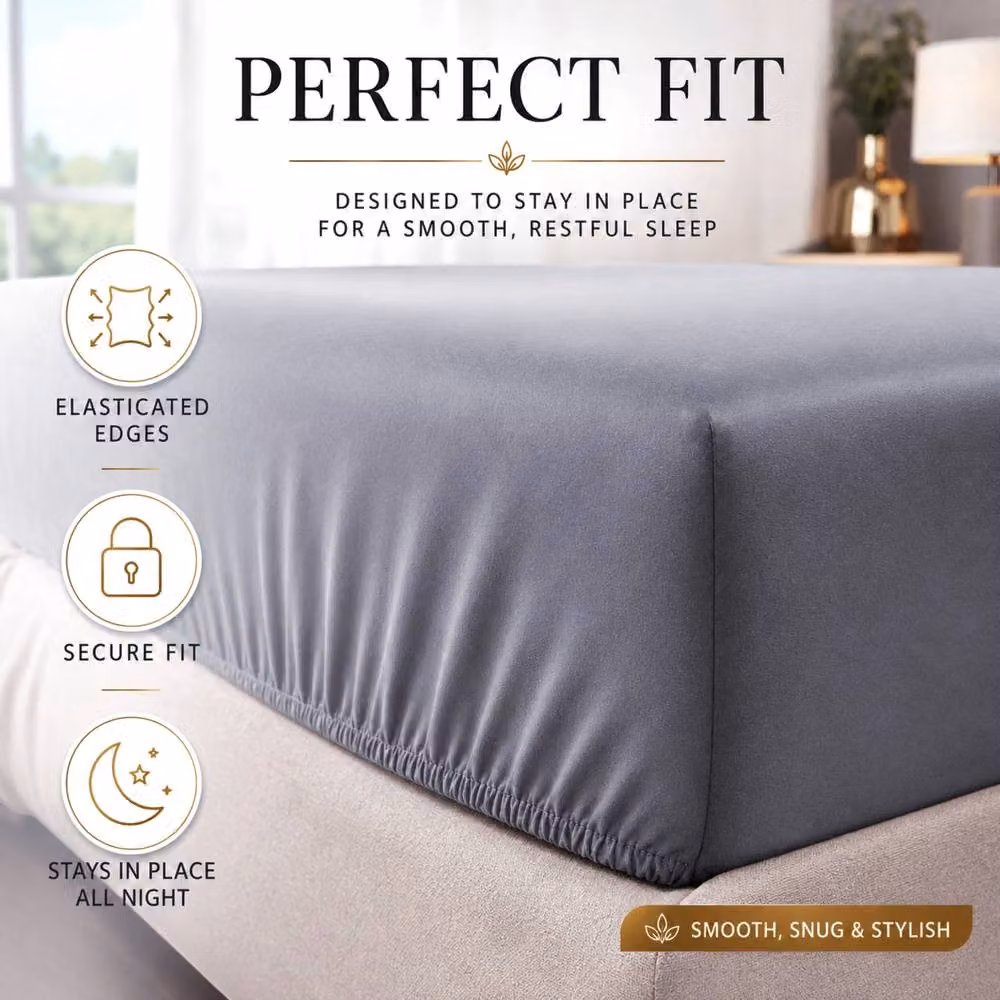Pamposh Grey Microfibre Plain Fitted Sheet, King Size, W/D/H: 180 x 200 x 40 cm – 5