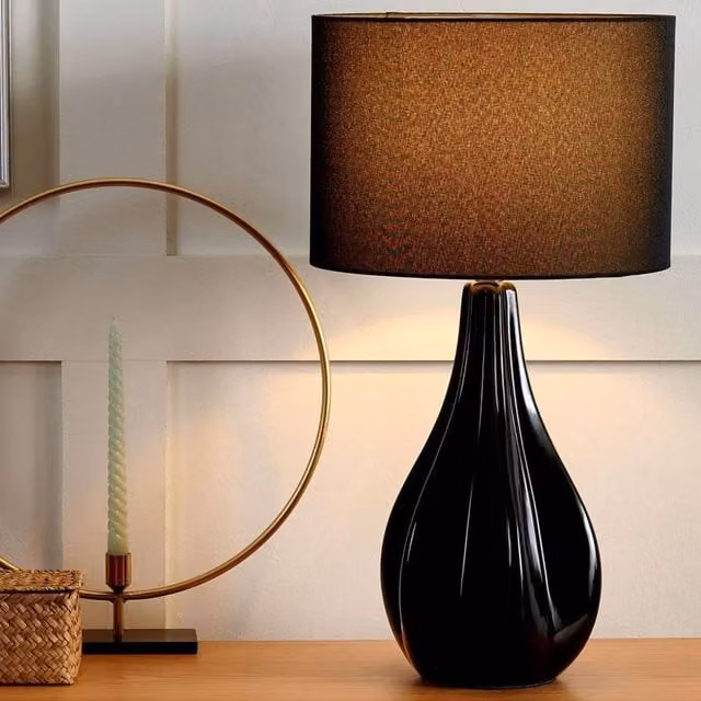 Wyld and Coco Glamour Black Ceramic Table Lamp with Fabric Drum Shade, Height: 60 cm – 1