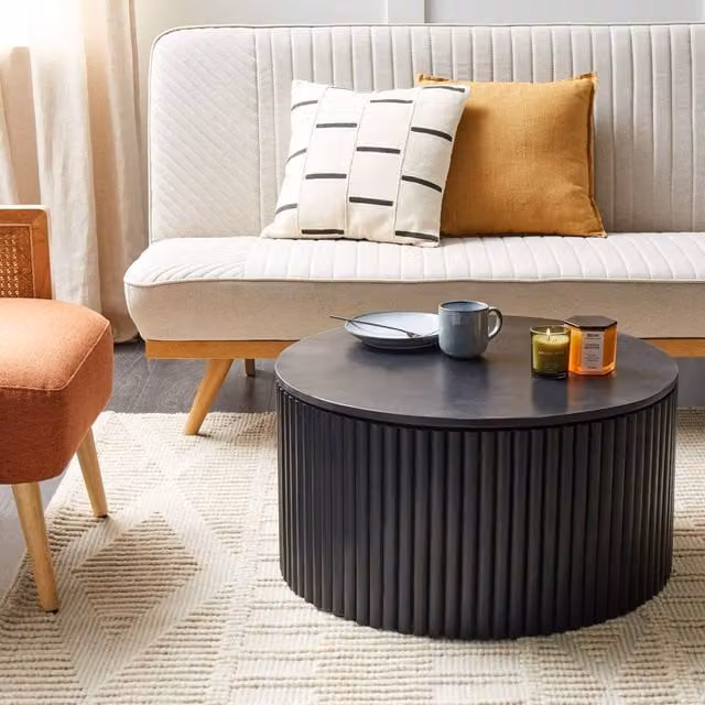 Wyld Haus Black Painted Mango Wood Round Coffee Table with Hidden Storage Diameter: 70 cm