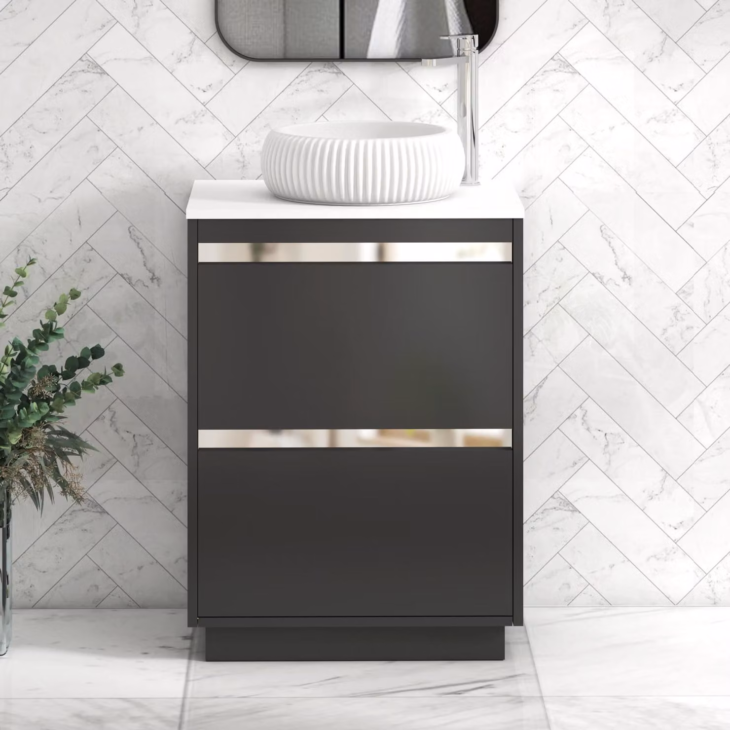 Royal Bathrooms Orion 600mm Matt Obsidian Black and Plain White Floor Standing Freestanding Vanity Unit with Milan Basin and Chrome Accent Trim