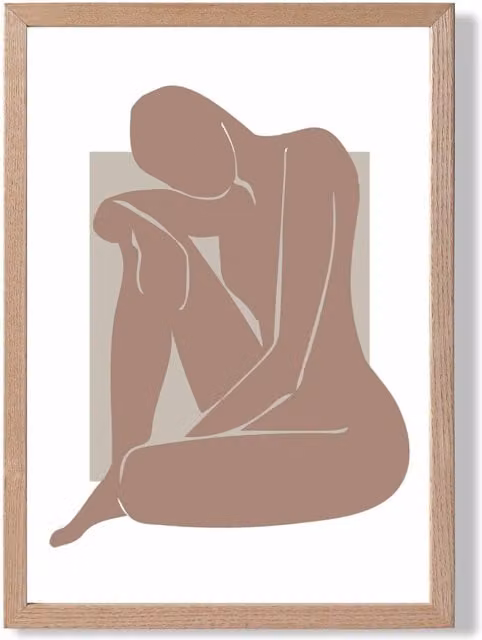 ARTZE Matisse Abstract Framed Print in Nude Brown and Beige with Oak Wood Frame, A4