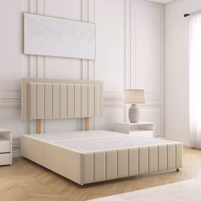 BSSPOKE Sophia Plush Velvet Divan Bed with 24 inch Headboard in Beige, King Size, W/D/H: 180 x 200 cm