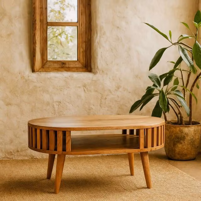 Wyld Haus Kaunakakai Slatted Mango Wood Coffee Table in Brown, W/D/H: 100 x 50 x 40 cm