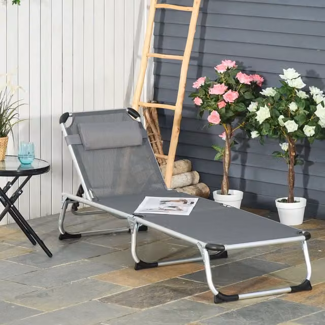 Outsunny Grey Folding Outdoor Reclining Sun Lounger with Adjustable Headrest and Powder Coated Aluminium Frame