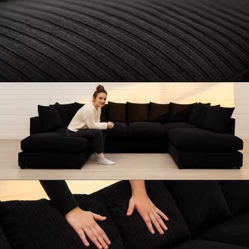 Bliss Furniture Jumbo Cord U-Shaped Scatter Back Sofa in Black with Removable Covers and Scatter Cushions – 5