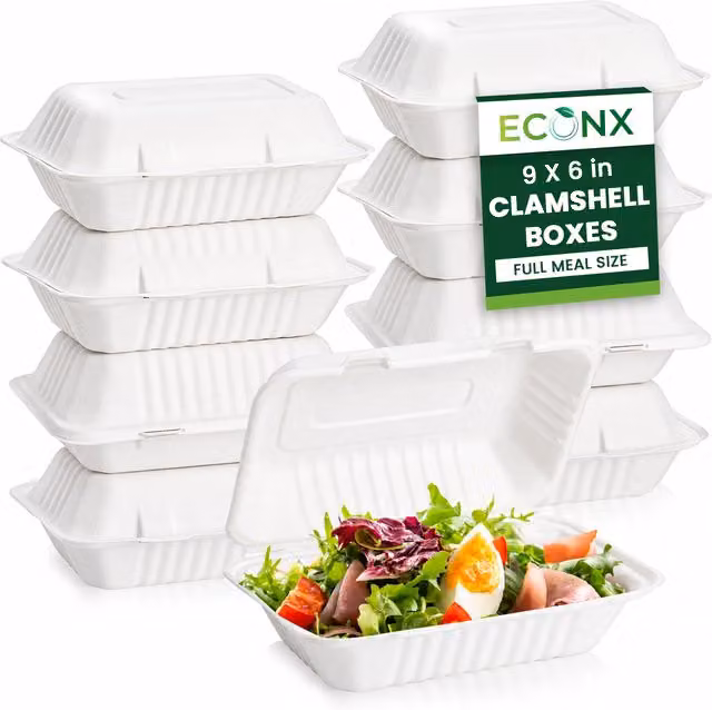 ECONX White Disposable Bagasse Clamshell Takeaway Food Boxes with Snap Lid, 1 Compartment, Microwave and Freezer Safe