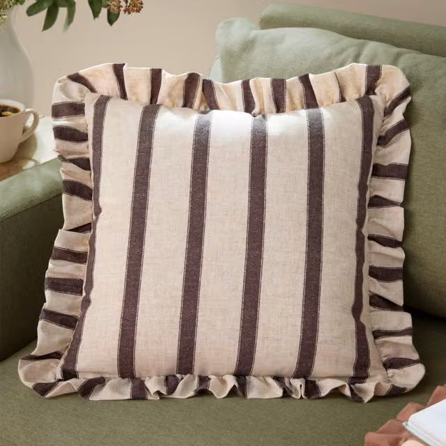 Wylder Connie Square Striped Linen Ruffle Cushion in Brown, W/D/H: 45 x 45 x 45 cm