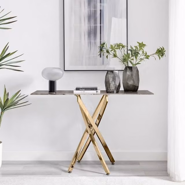FurnitureboxUK Leonardo Rectangular Marble Effect Glass Top Console Table with Gold Metal Starburst Legs in Grey