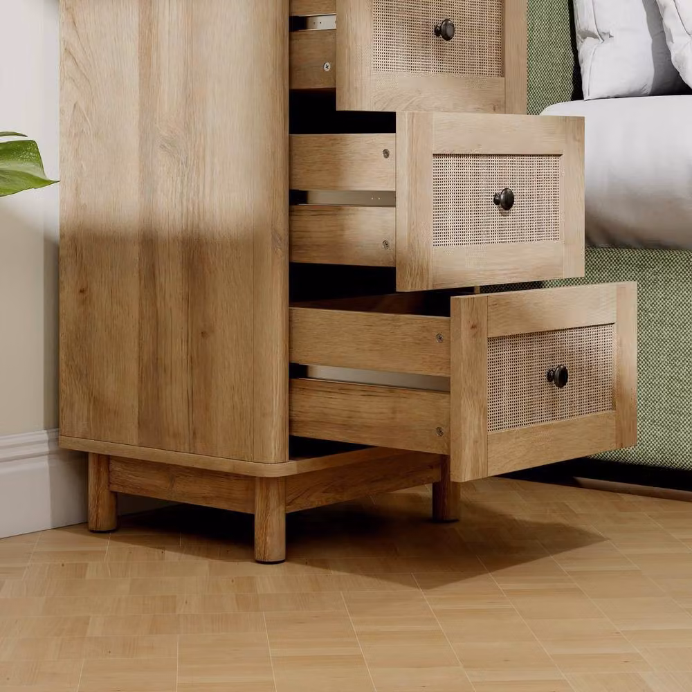 Wyld Haus Milu 3 Drawer Compact Chest in Light Oak with Rattan Details, W: 40 cm, H: 72 cm, D: 35 cm – 5