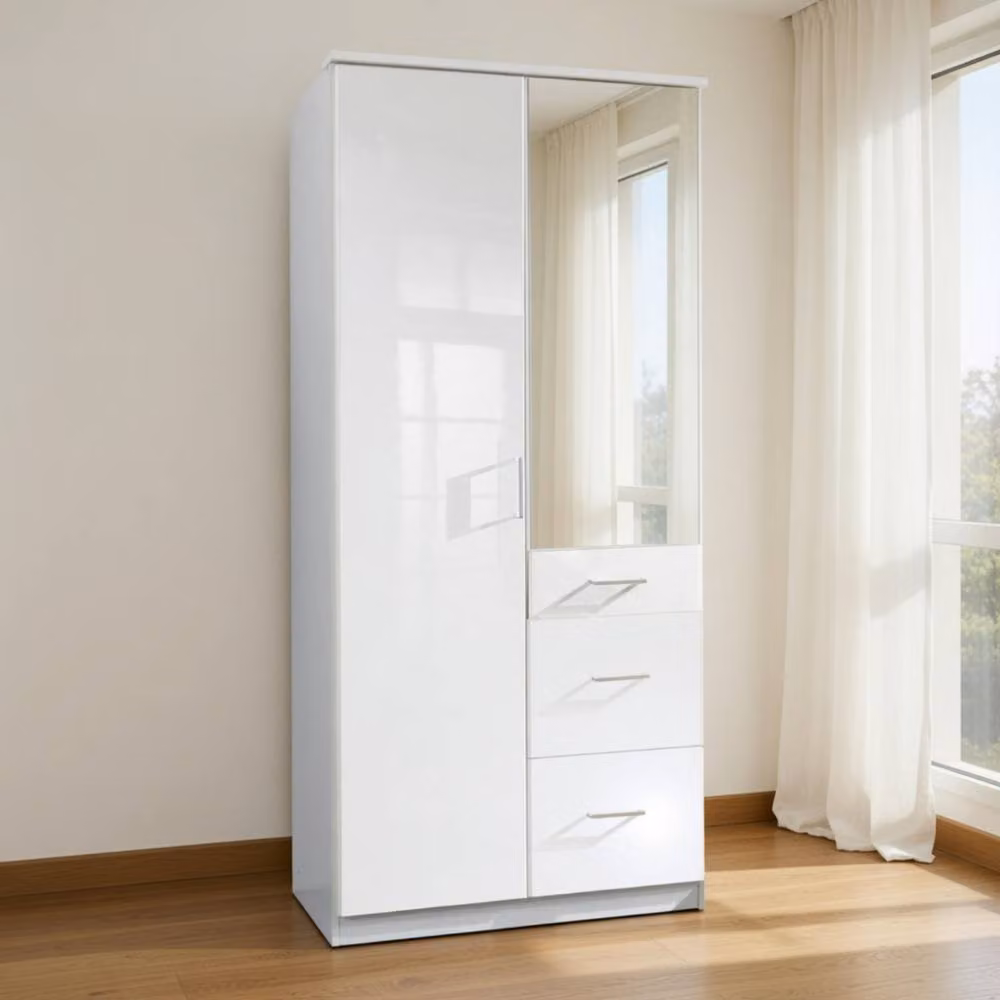 KDMD Camden White Gloss 2 Door Mirrored Wardrobe W/D/H: 90 x 58 x 199 cm – 2