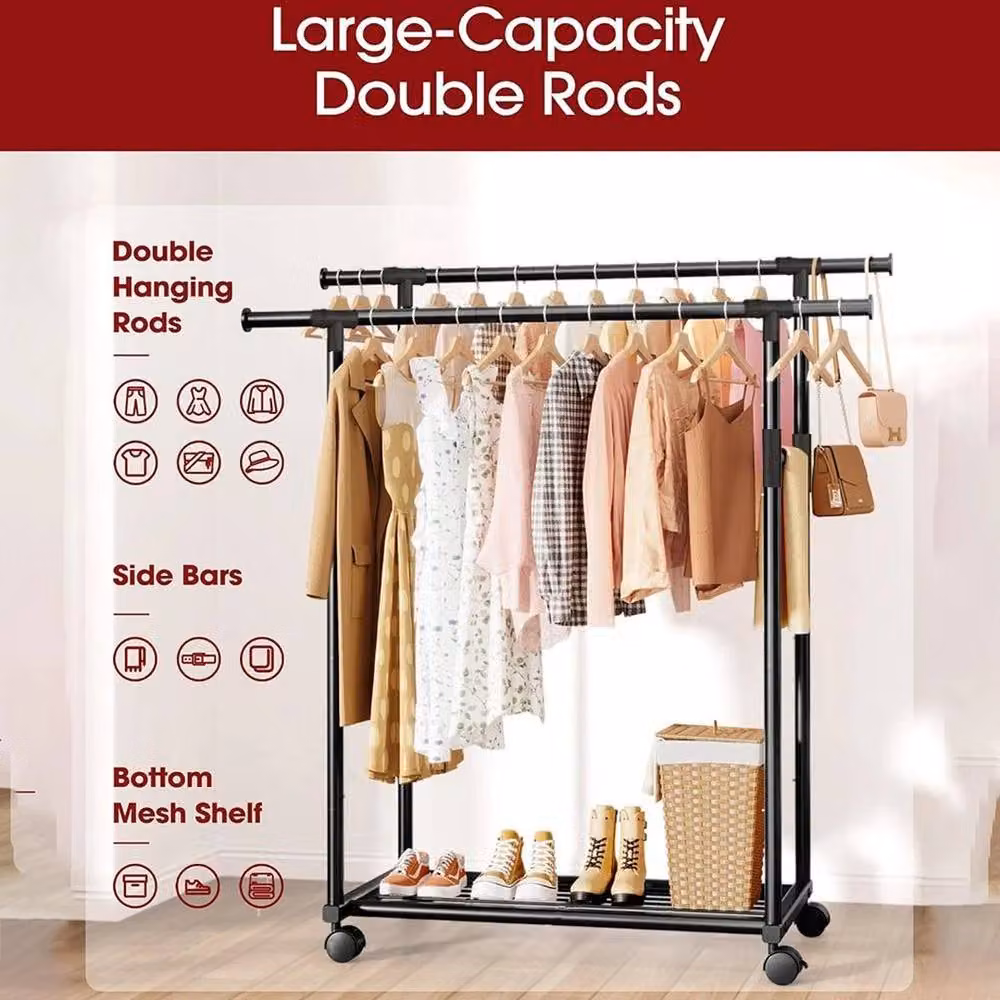 FORGEVIO Heavy Duty Metal Double Rail Clothes Garment Rack in Black, W/D/H: 50 x 73 x 143 cm – 5