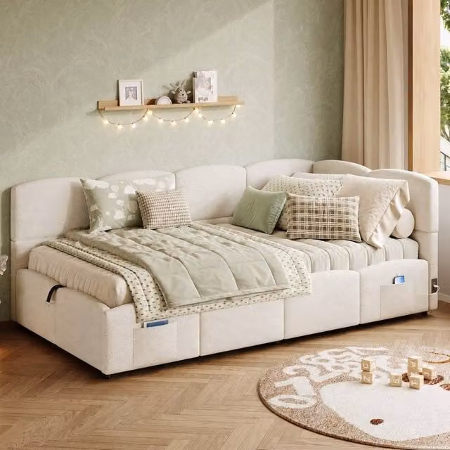 Merax White Boucle Upholstered Single Ottoman Daybed with USB Charging Port and Lift Up Base, W/D/H: 90 x 200 cm – 1