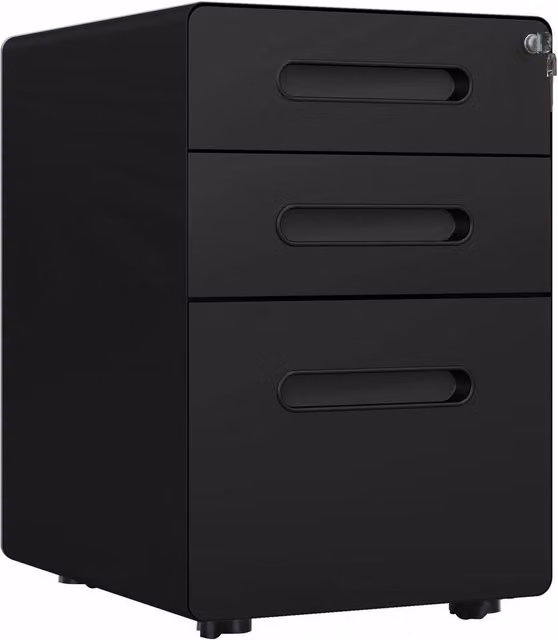 Rolipo Black Metal 3-Drawer Lockable Vertical Filing Cabinet with Anti-Tilt Design and Suspension Files for Home Office