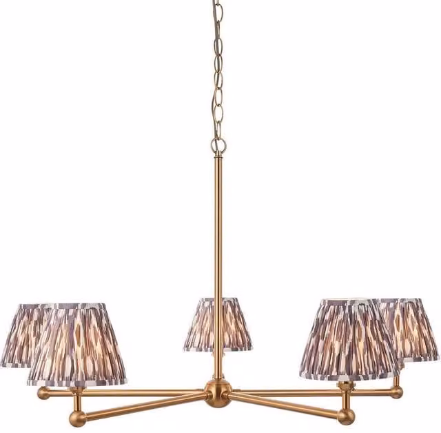 Netlighting Santiago Pendant Light with Grey Fabric Ikat Shade and Gold Brass Finish, 16 cm Diameter, 5x B22
