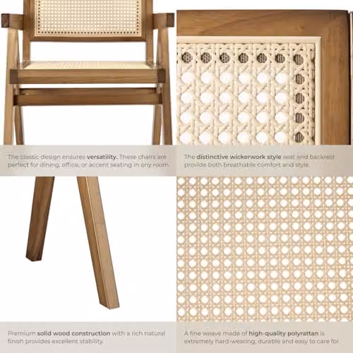 tectake Set of 4 Mid-Century Modern Dining Chairs in Brown Oak with Rattan Detail – 4