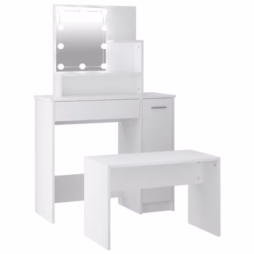 vidaXL Dressing Table Set with LED Mirror in White Matt MDF