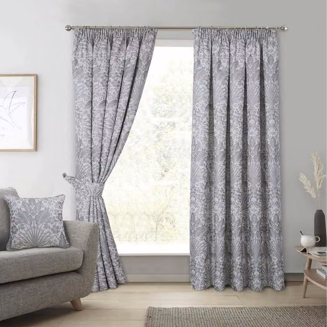 FWStyle Keswick Grey Woven Leaf Floral Thermal Insulating Pencil Pleat Curtains, Grey