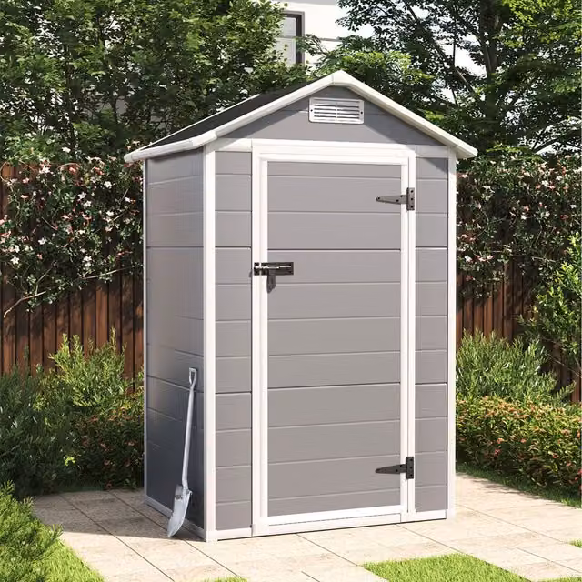 Livingandhome Grey Plastic Gable Roof Garden Shed with Window and Lock