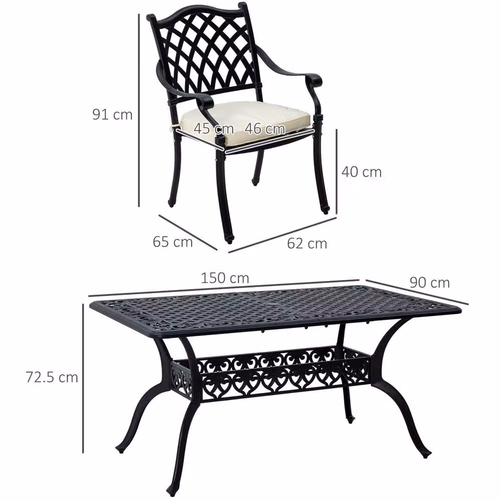 OUTSUNNY 7-Piece Cast Aluminium Patio Dining Set with Cushions and Umbrella Hole in Matt Black – 3