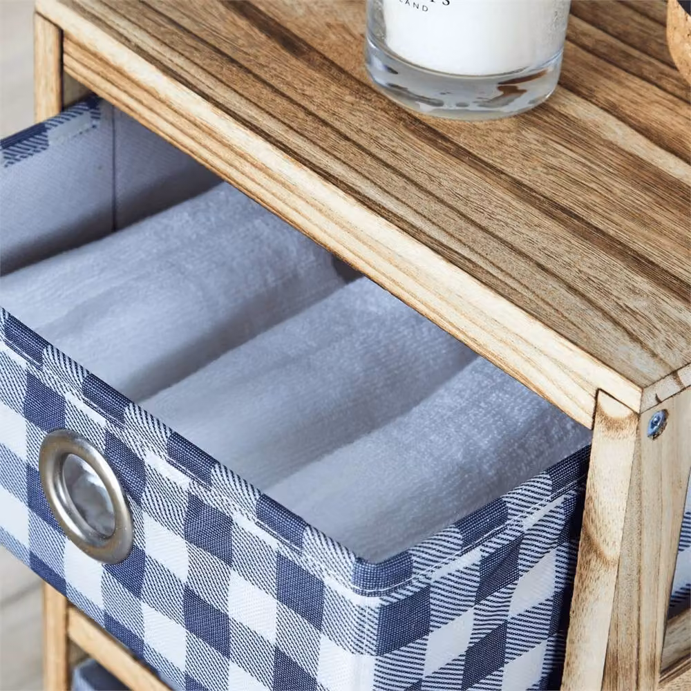 Nordara Wooden 4 Drawer Chest with Brown and Blue Checked Fabric in Maritime Style, W/D/H: 100 x 100 x 100 cm – 2