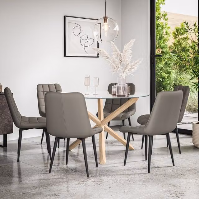 More4Homes Malvern Round Glass Dining Table Set with Oak Legs and 6 Grey Nova Faux Leather Chairs, Diameter: 120 cm, Height: 75 cm