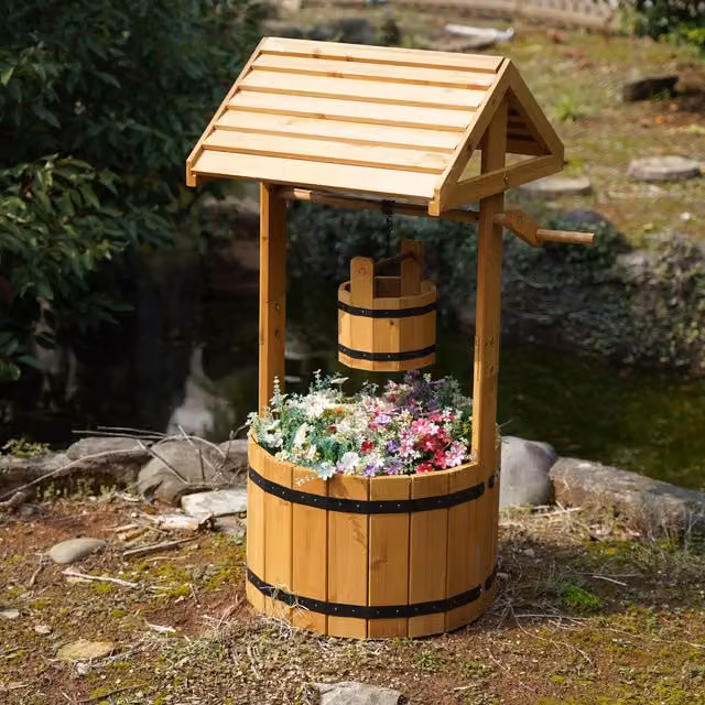 Actiasgear Wooden Wishing Well Garden Planter Tub in Brown