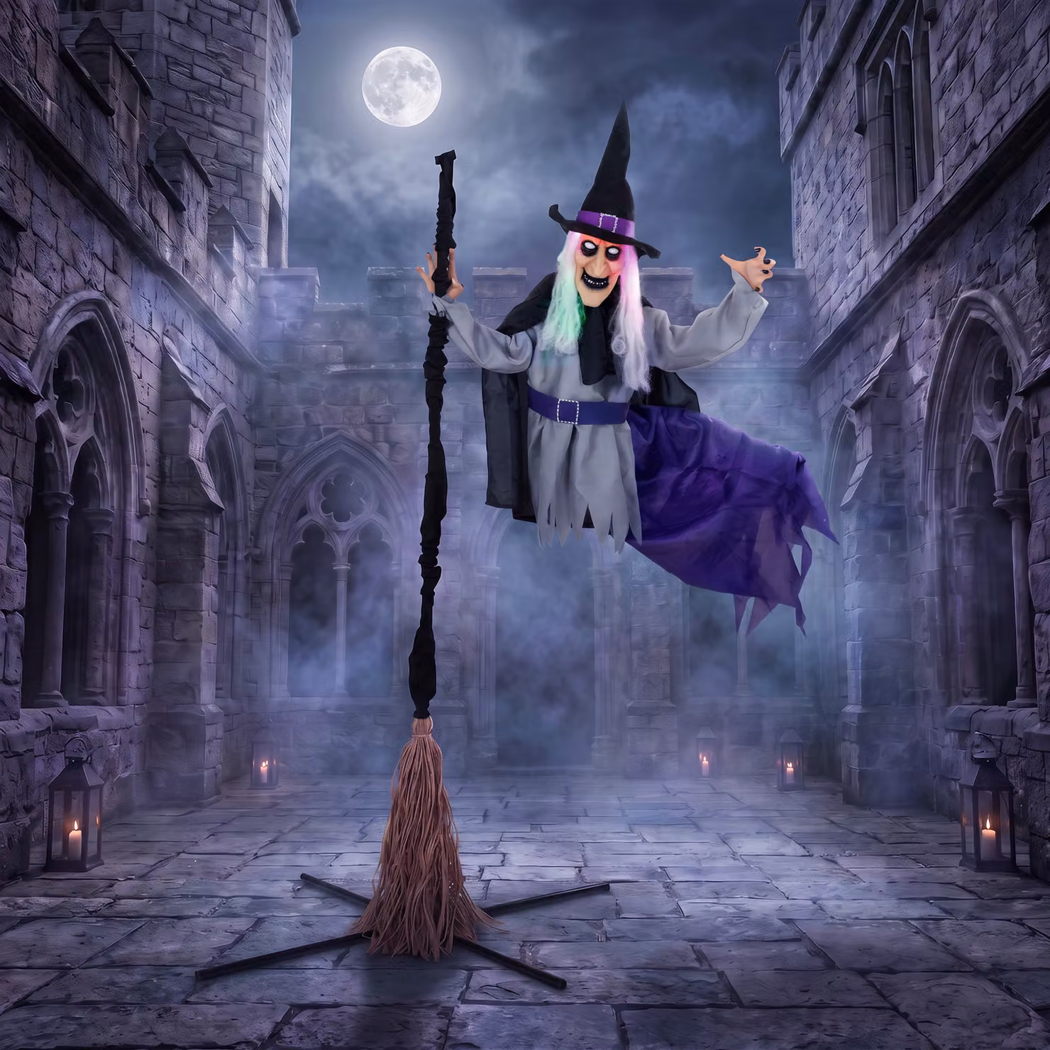 HOMCOM 200cm Life Size Animated Flying Witch Halloween Decoration for Indoor and Outdoor Use in Multicolour – 2