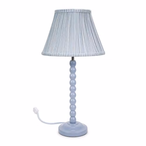 ValueLights Powder Blue Bobbin Stem Table Lamp with Blue Pleated Fabric Shade and LED Bulb
