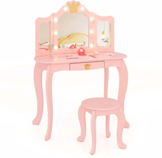 Costway Pink Childrens Princess Vanity Table and Chair Set