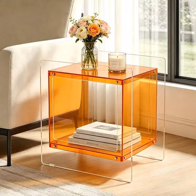 NESTLUNE Orange Transparent Acrylic Nightstand with Storage Shelf, W/D/H: 100 x 100 x 100 cm