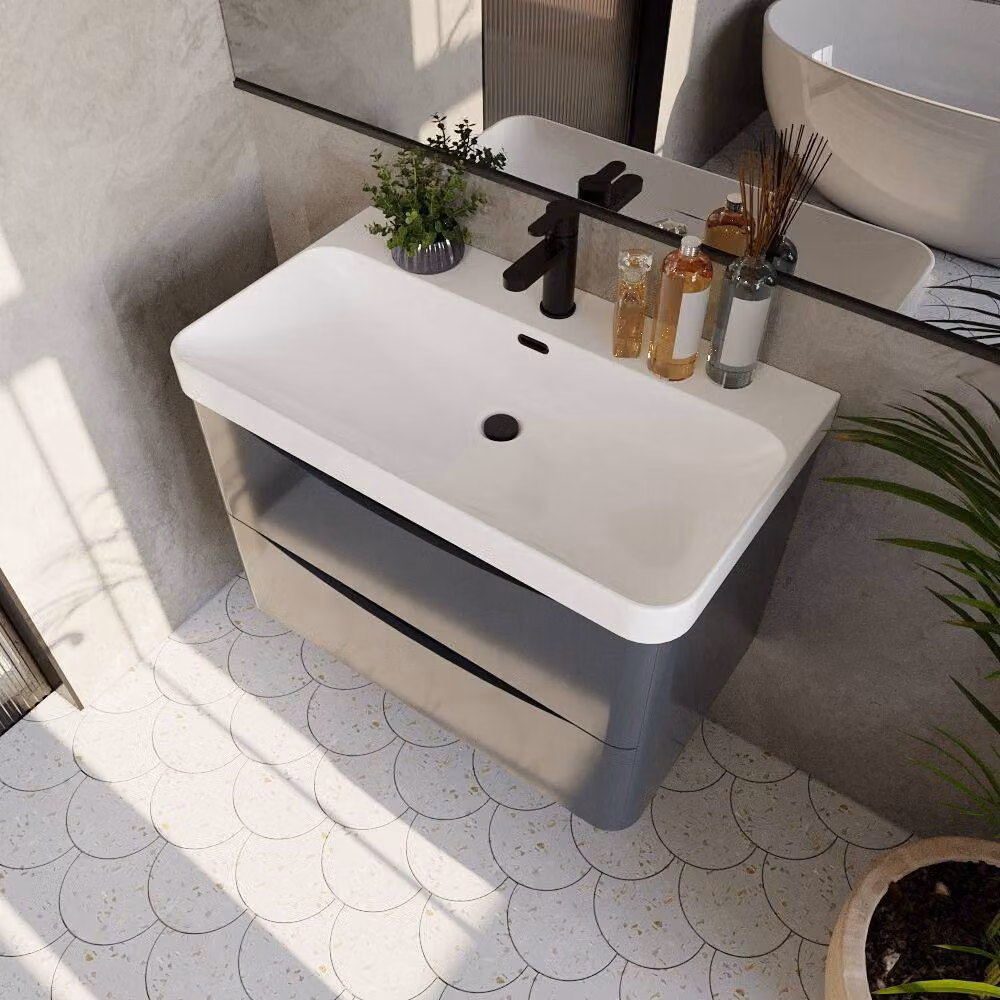 Balterley Modern Wall Hung 2 Drawer Bathroom Vanity with Ceramic Basin, Dark Grey, Width: 80 cm – 3