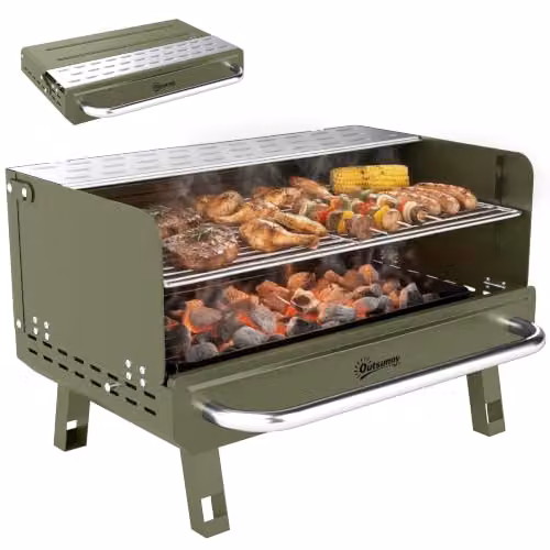 Outsunny Portable Tabletop Charcoal Barbecue Grill with Stainless Steel Warming Rack in Green – 7