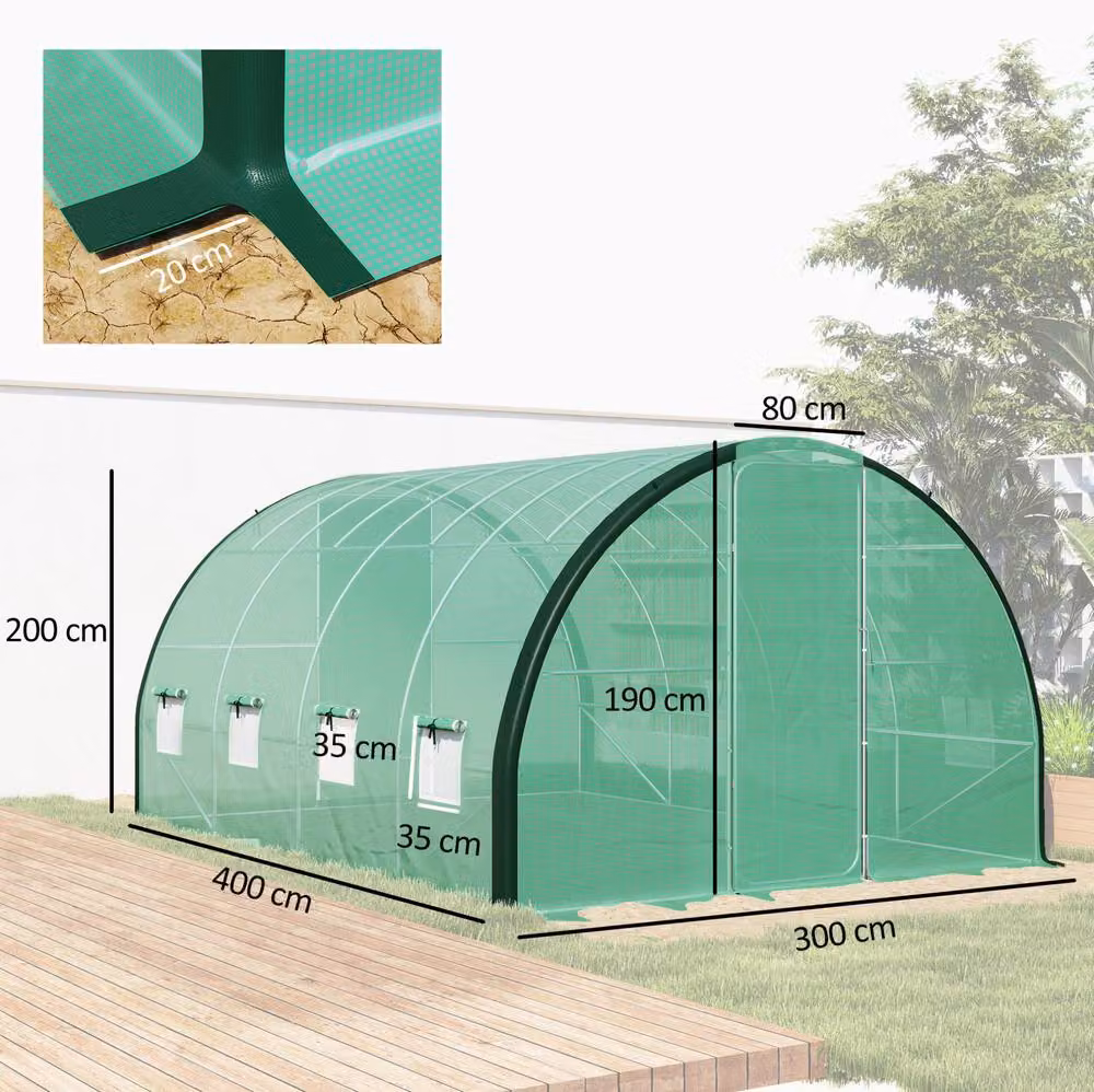 STILVORA Green Walk-In Greenhouse with Hinged Doors and Mesh Windows, W: 4 m, D: 3 m, H: 2.4 m – 2