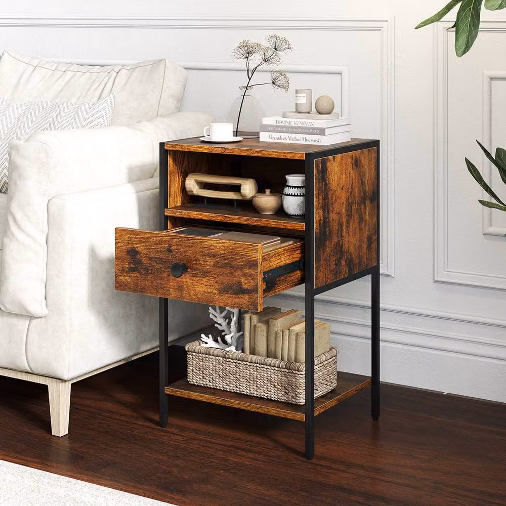 Gymax Industrial Nightstand End Table with Open Compartment Drawer and Shelf in Brown – 6
