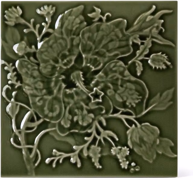 House of Hackney Artemis Hibiscus Relief Ceramic Decor Insert Tile, Green, W/D/H: 15.24 x 15.24 x 15.24 cm