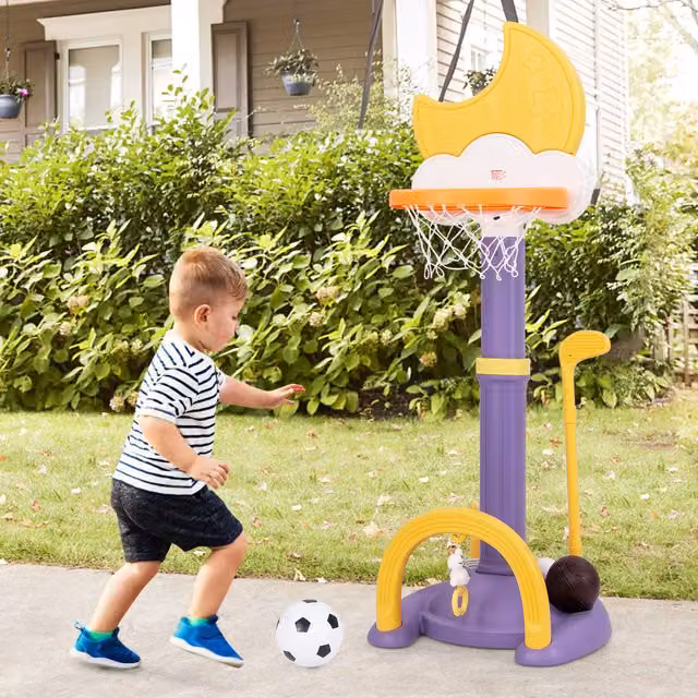 COSTWAY 4-in-1 Kids Basketball Hoop with Light and Sound, Height Adjustable, Yellow and Multicolour