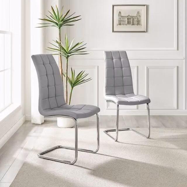 FurnitureboxUK Set of 2 Murano Modern Dining Chairs in Grey Faux Leather with Silver Chrome Metal Legs – 1