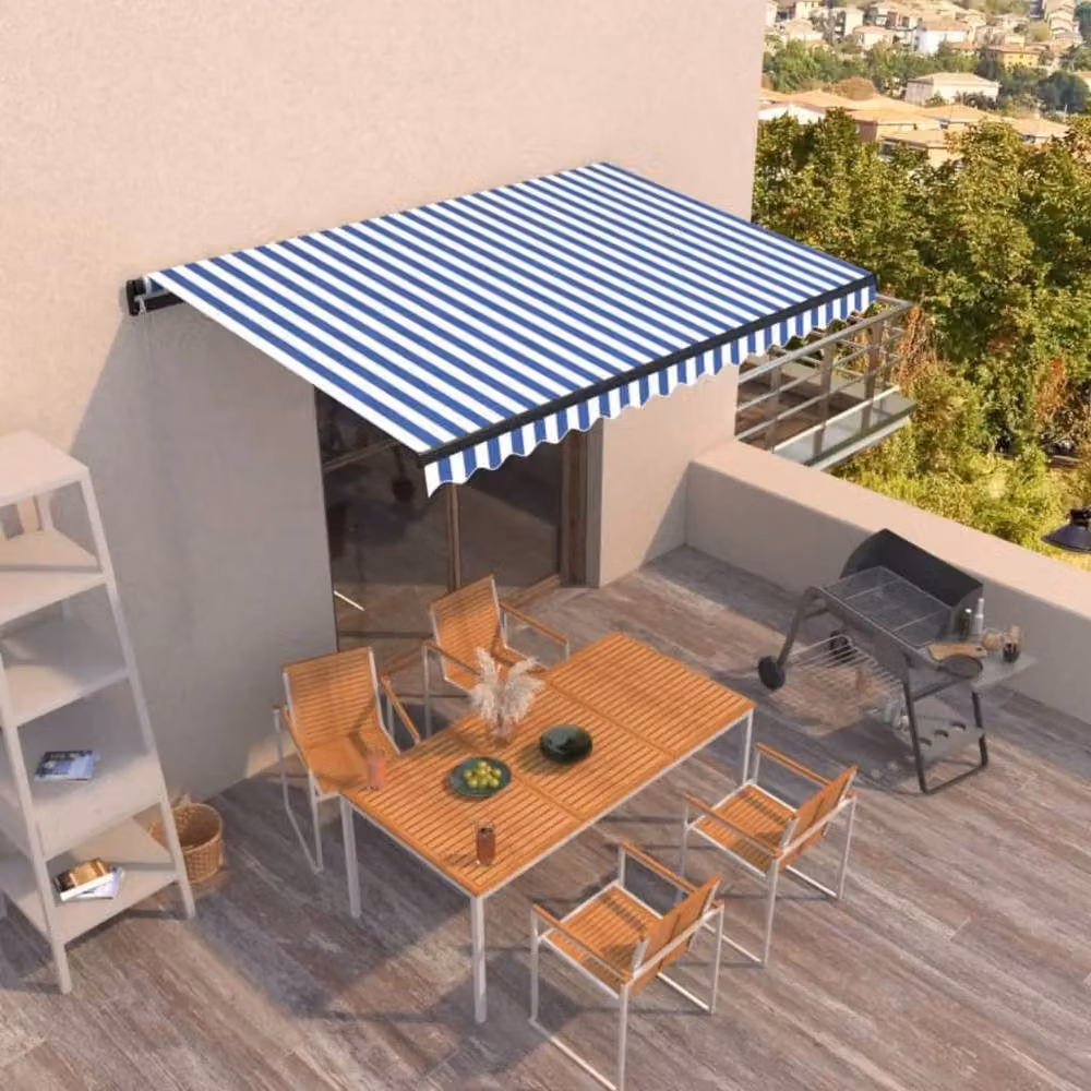 Berkfield Home Manual Retractable Folding Arm Awning, Blue and White Striped, W: 400 cm, D: 350 cm – 2