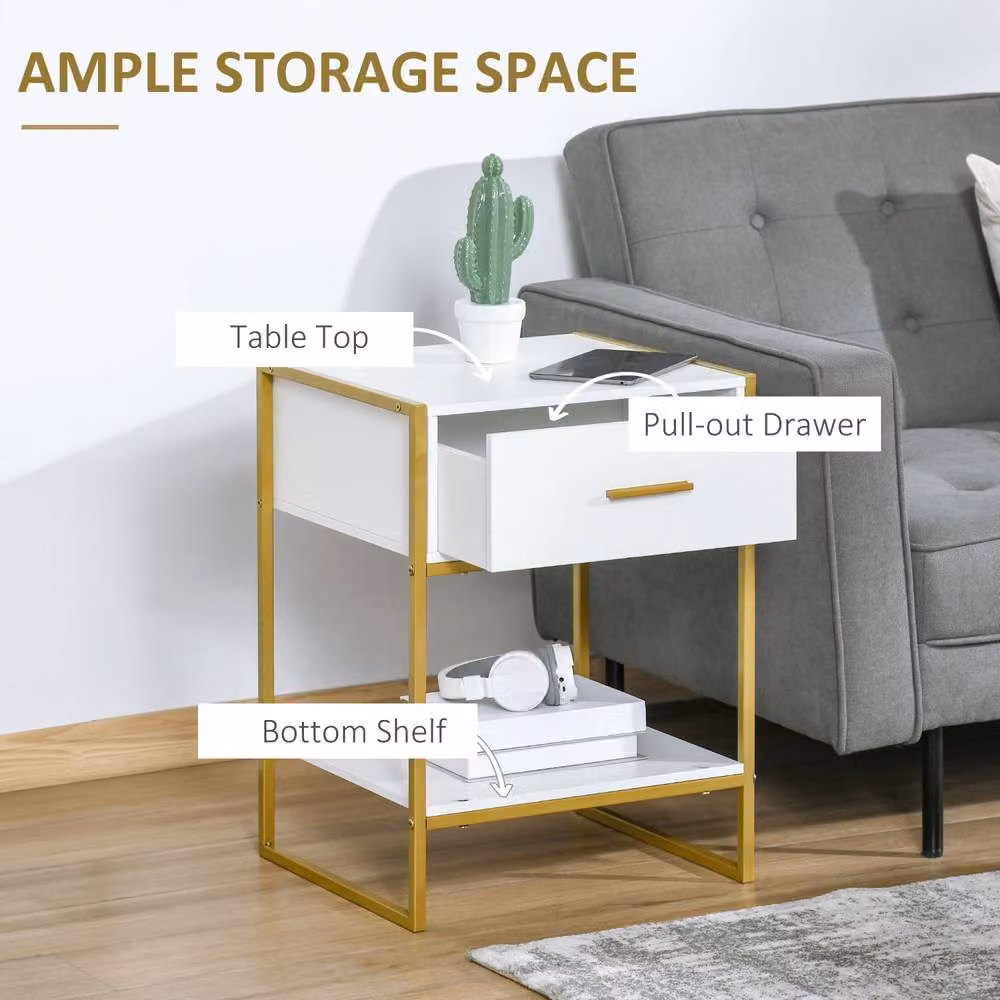 Wyld Haus Niva White and Gold Bedside Tables Set of 2 with Drawer and Shelf W/D/H: 40 x 45 x 60 cm – 4
