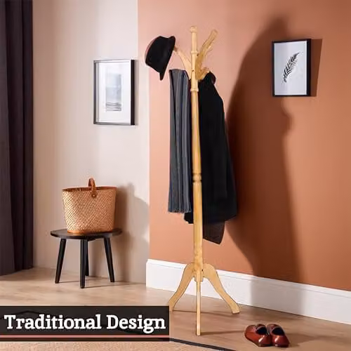 Orsina Brown Wooden Coat Stand with Post Tree Design and Distributed Point Hooks, H 182 x W 68 x D 68 cm – 3
