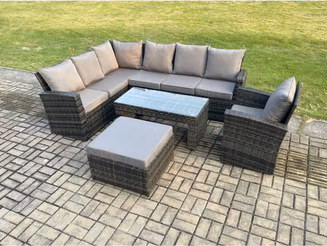 Fimous 8-Seater L-Shape Corner Rattan Garden Sofa Set in Dark Grey with Ottoman and Coffee Table