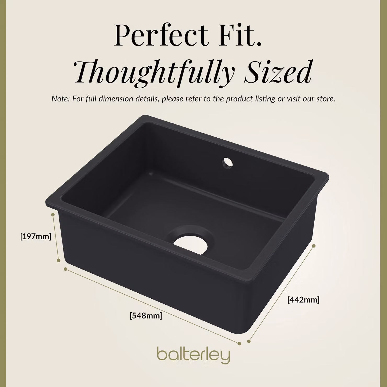 Balterley Ceramic Single Bowl Undermount Kitchen Sink, Dark Grey, W: 54.8 cm, D: 44.2 cm, H: 19.7 cm – 4