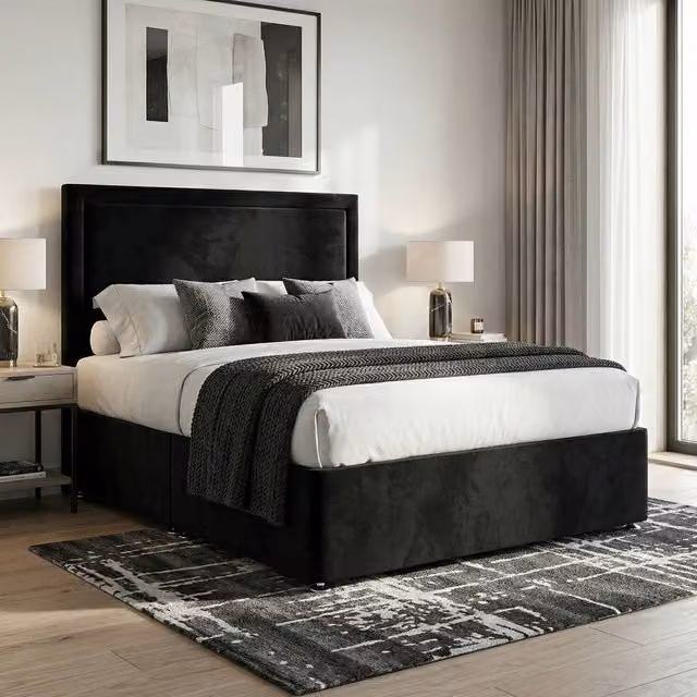 DS Living Velmont Black Velvet Upholstered Divan Bed, W: 200 cm, D: 200 cm