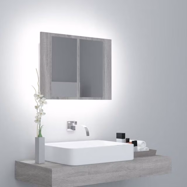 Berkfield Home LED Mirror Cabinet in Grey Sonoma, W/D/H: 60 x 12 x 45 cm