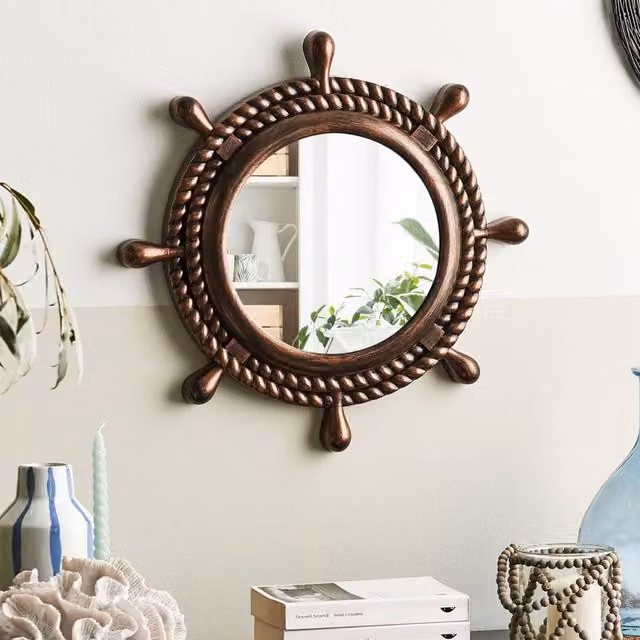 Wyld and Coco Round Nautical Rope Frame Wall Mirror, Brown, Diameter: 46 cm