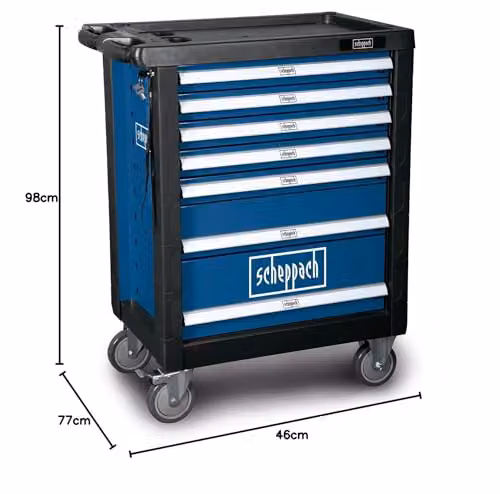 Scheppach TW1000 Workshop Trolley, 7-Drawer Heavy-Duty Steel Tool Chest with 263-Piece Tool Kit, Lockable and Rollable, Blue or Black – 3