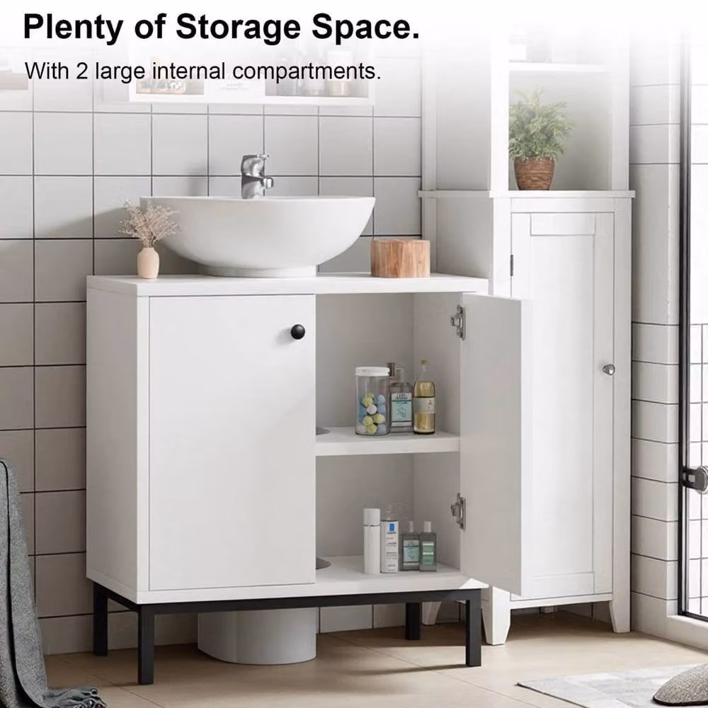 PAWNORA White Modern Freestanding Bathroom Under Sink Cabinet with Internal Shelves and Hinged Doors – 3