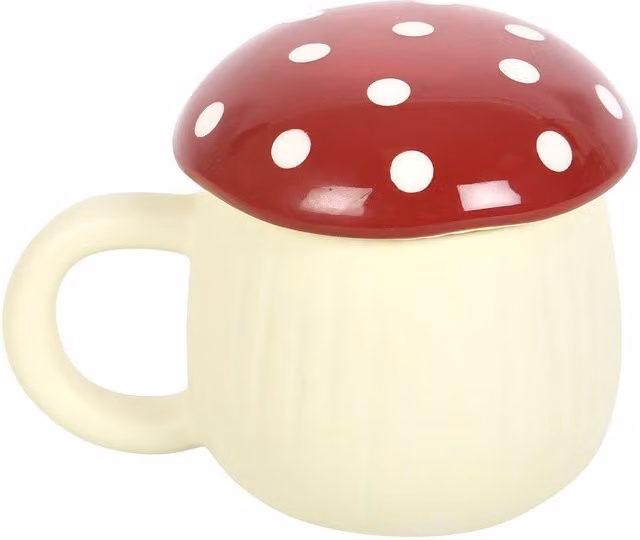 Something Different Ceramic Mushroom Mug in Cream and Beige with Red Floral Detail