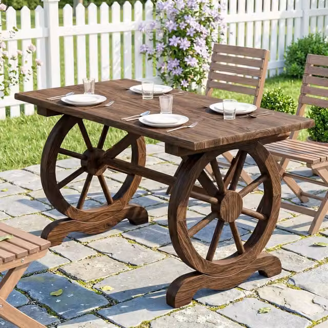 OUTSUNNY Outdoor Coffee Table and Patio Dining Desk in Black and Brown Rustic Wood